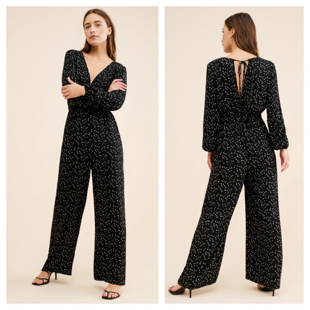 [Anthropologie] Saltwater Luxe Raven Black V-Neck Long Sleeve Jumpsuit Sz Large